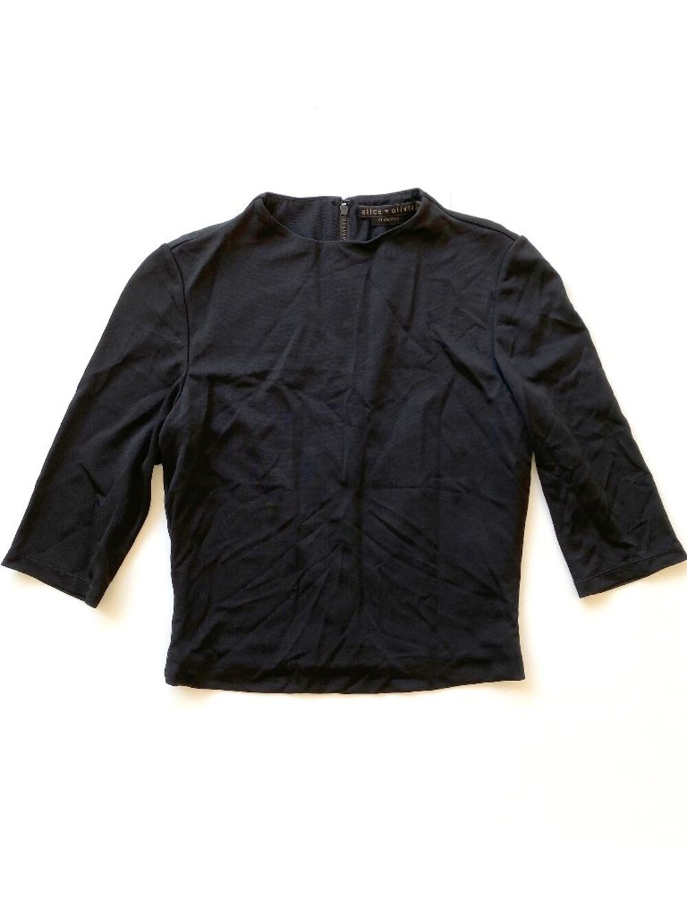 Alice + Olivia Black Full Exposed Zip Back 3/4 Sleeve Fitted Top Small